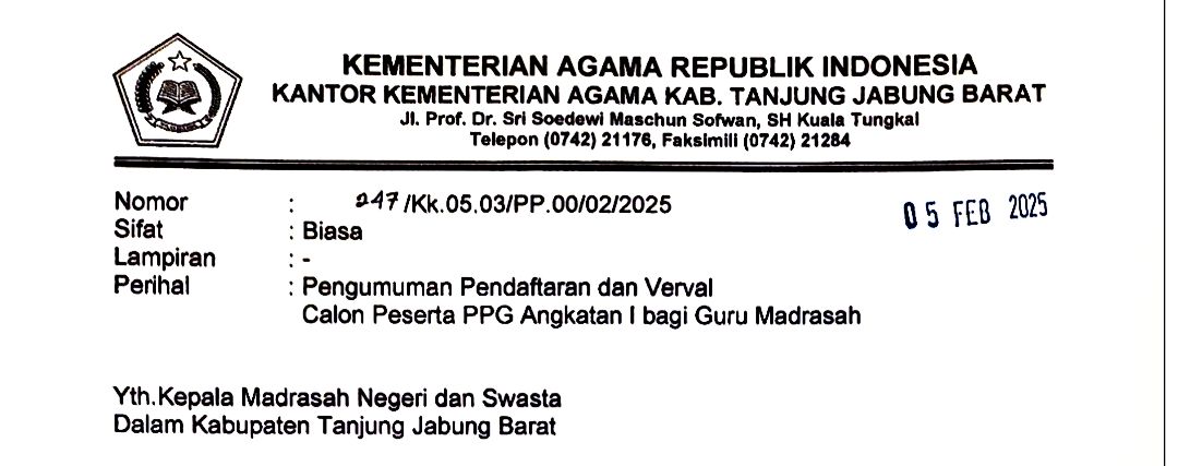 Kemenag Tanjab Barat Umumkan Calon Peserta PPG Angkatan I, Agar Lakukan Pendaftaran dan Verval