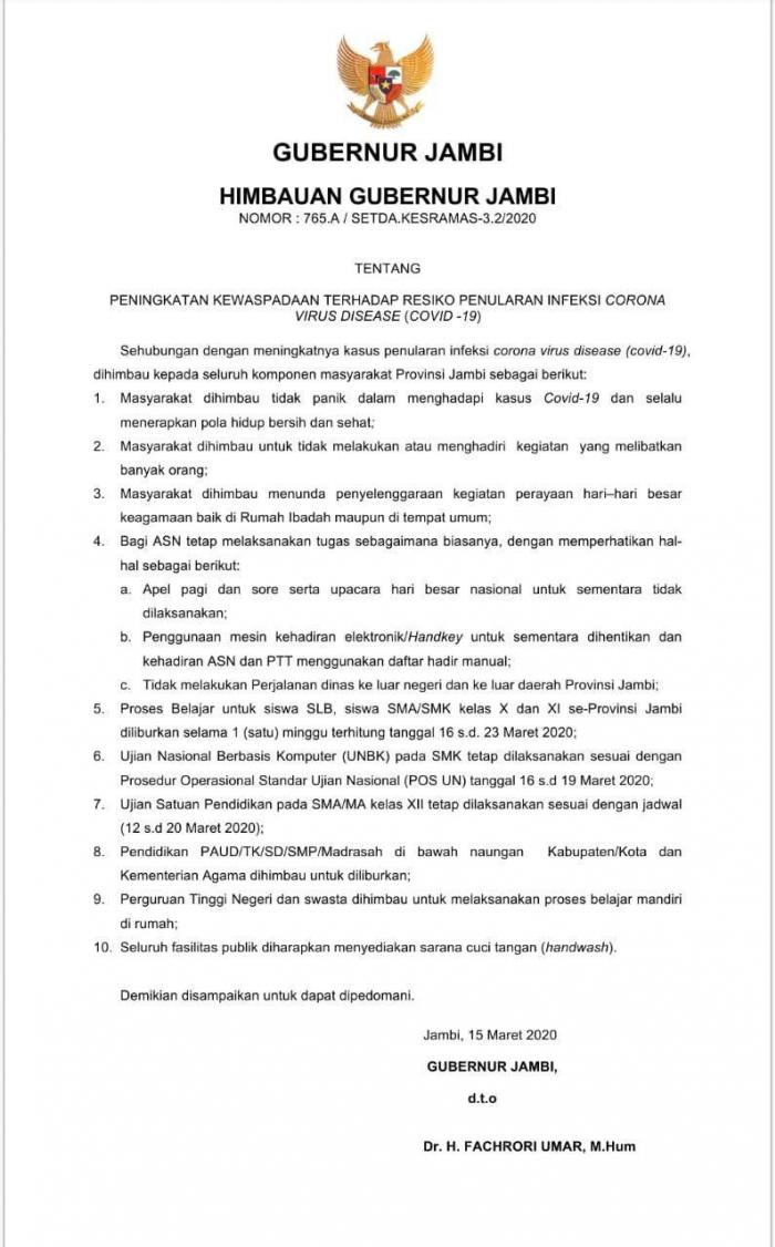Himbauan Gubernur Jambi Tentang Bahaya Virus Corona